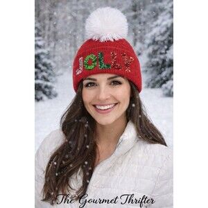 Mud Pie Red “JOLLY” Sequin Pom Pom Beanie NWT Holiday Winter Hat